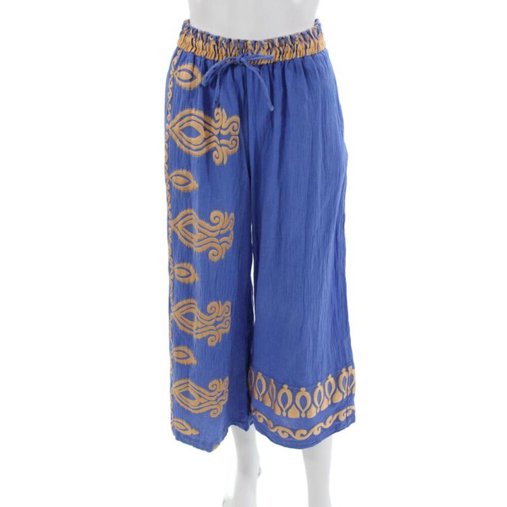 Nema Women Cropped Blue Geometric Drawstring Cotton Poly Pants Size M